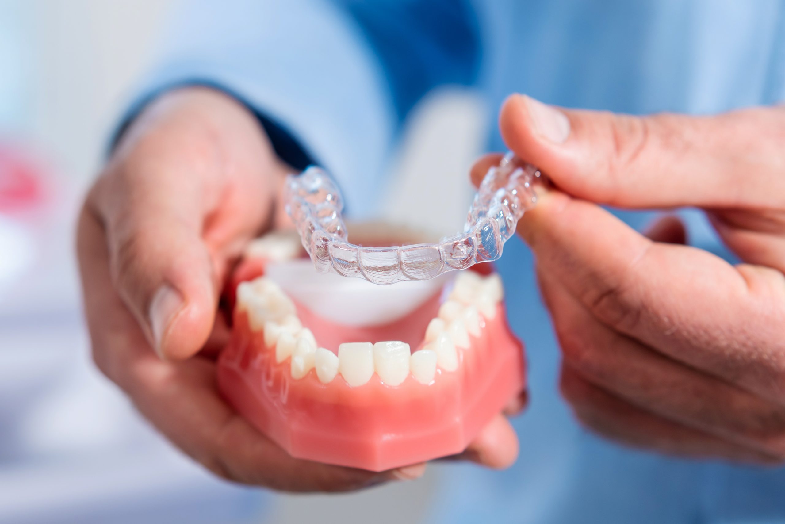 Dentist placing Invisalign aligner onto a lower dental arch model